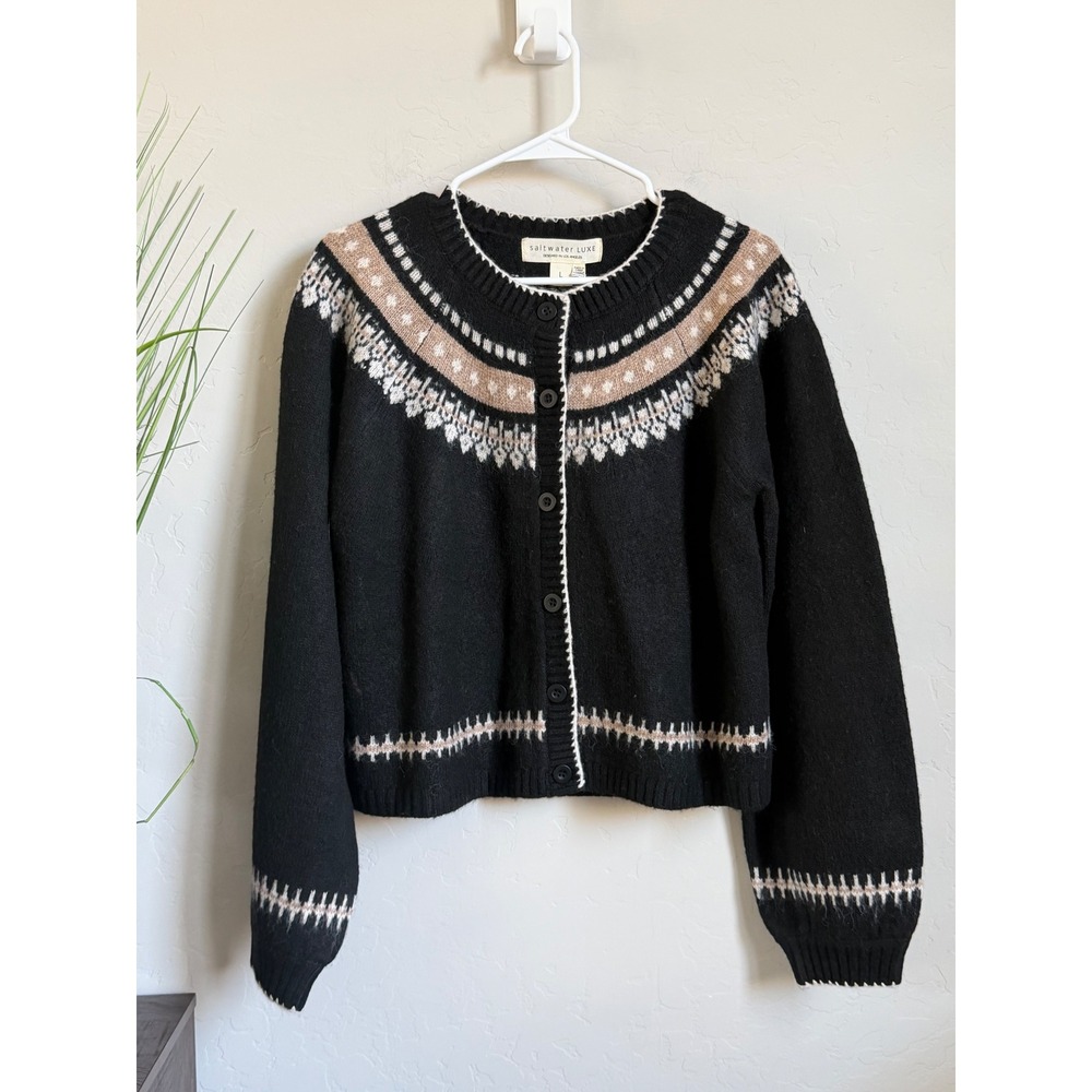 Saltwater Luxe Black Fair Isle Button Front Cardigan Sweater Wool Blend Large
